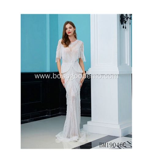 Wholesale tassel embellished formal luxury gown party ladies long sleeve sexy women evening dresses elegant